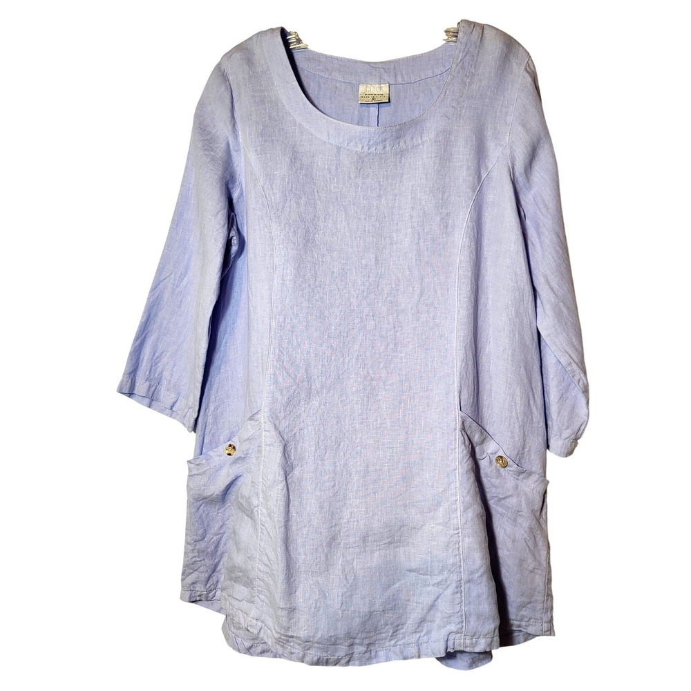 Click by Color Me Cotton Lt. Blue Linen Tunic Top 3/4 Sleeve Pockets USA Lrg